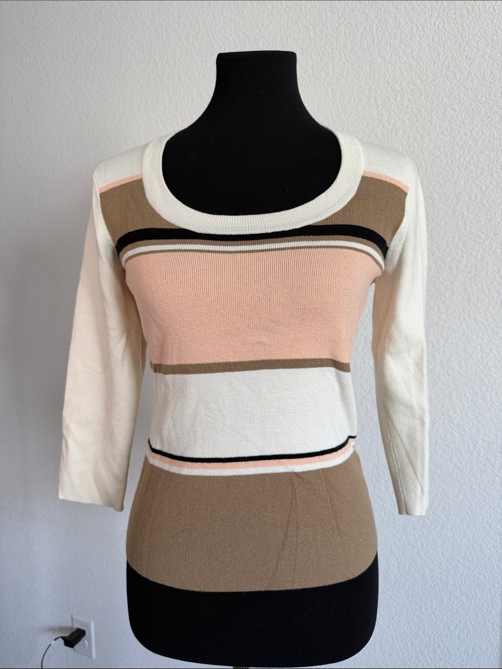 New York & Company Cream, Pink & Brown Striped Scoop Neck Sweater